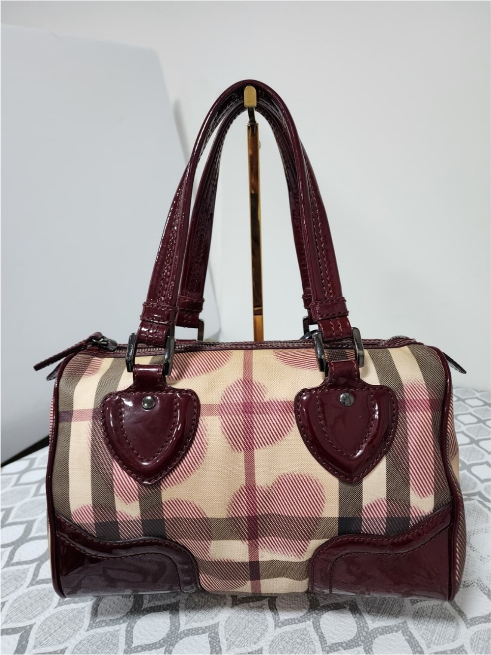 BURBERRY Berry Patent Leather Supernova Check Canvas Heart Chester Bowling Bag B